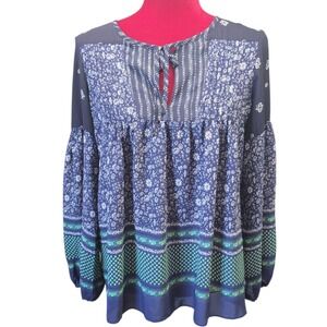 GAP XS Navy Blue Floral Boho Peasant Blouse Keyhole Long Sleeve Runs Big E648